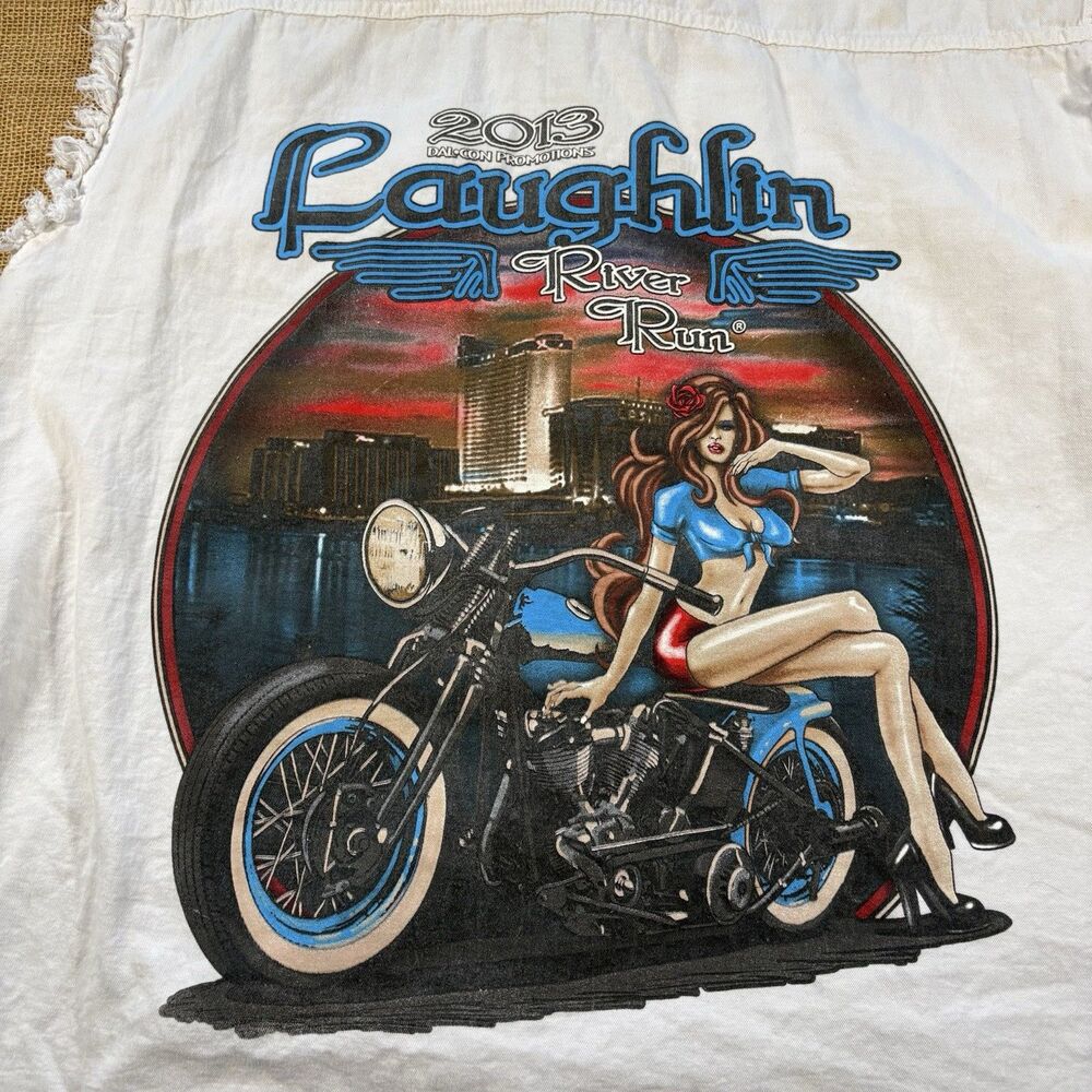 2013 Laughlin River Run Men's White Canvas Sleeveless Shirt Motorcycle Pinup XL